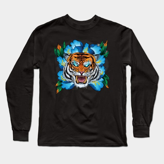 Japanese Tattoo Peony Tiger Long Sleeve T-Shirt by Eugenex